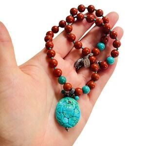 Necklace Kalan USA 925 Jasper Natural blue Turquoise Beaded Collar beads Caved